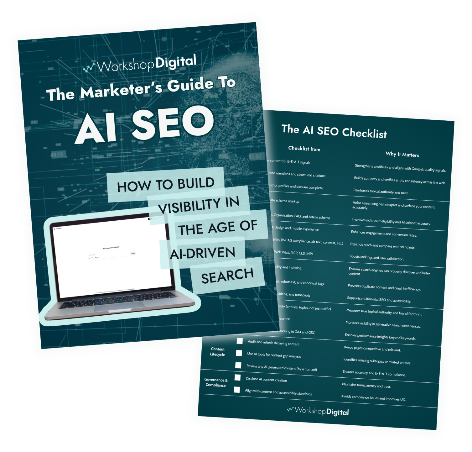 The Marketer's Guide to AI SEO cover page and checklist page.
