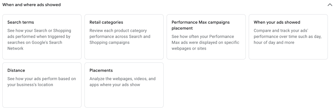 Screen shot of the reports editor in Google Ads to access the new Performance Max Campaigns Placement report.