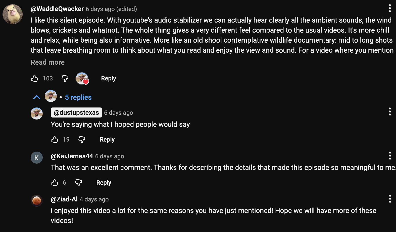 Comment section of a YouTube video that shows engagement from the original poster.