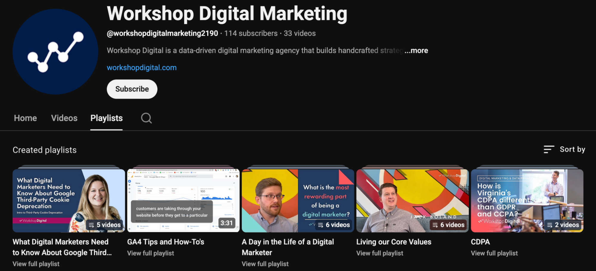 Example of Workshop Digital's YouTube page, highlighting different playlists.