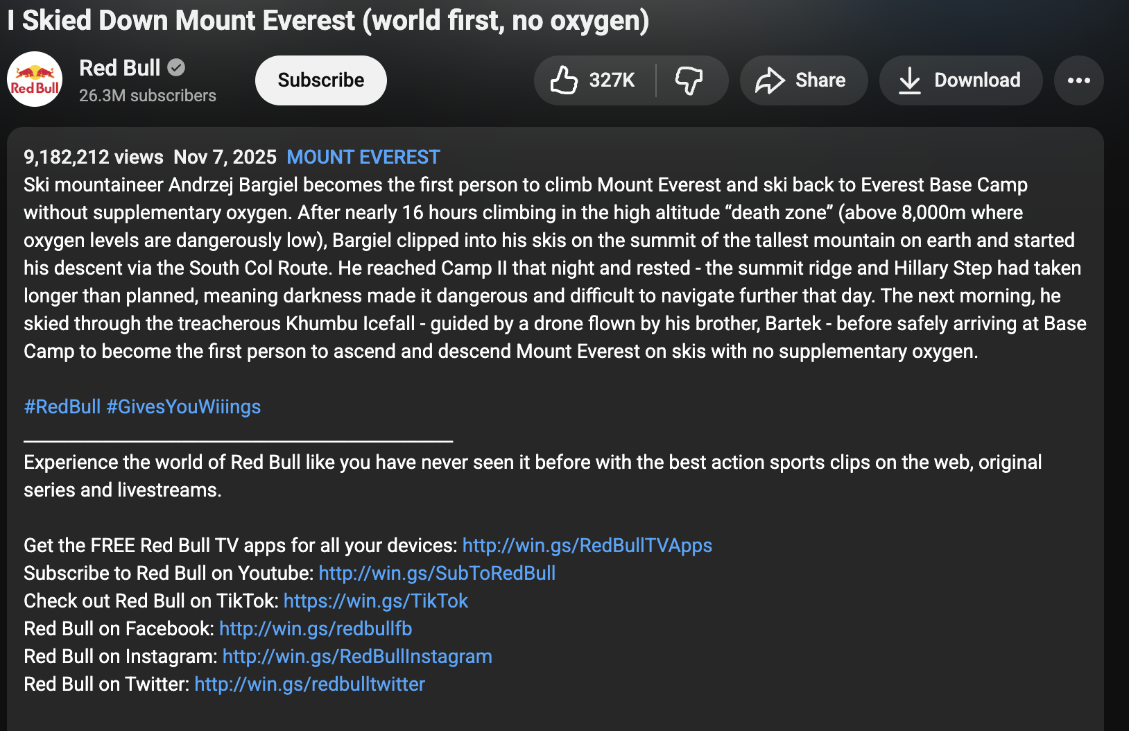 Example YouTube video description, showing a video description for Red Bull.